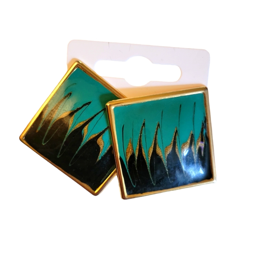 Vintage Metal Earrings Black & Turquoise